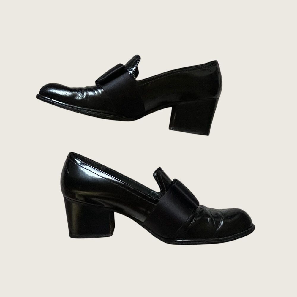 Stuart Weitzman Black Patent Leather Satin Bow Block Heel Loafers Size 8